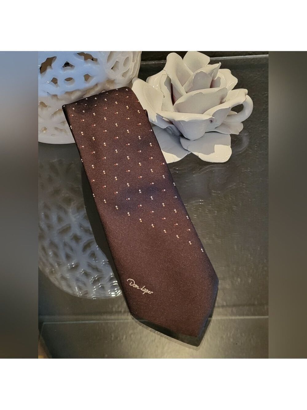 Don Loper Beverly Hills Vtg 60s Texturized Brown Polyester Tie Embroidered Logo